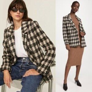 Anine Bing Diana Houndstooth Plaid Black Tan Double Breasted Blazer Size XL
